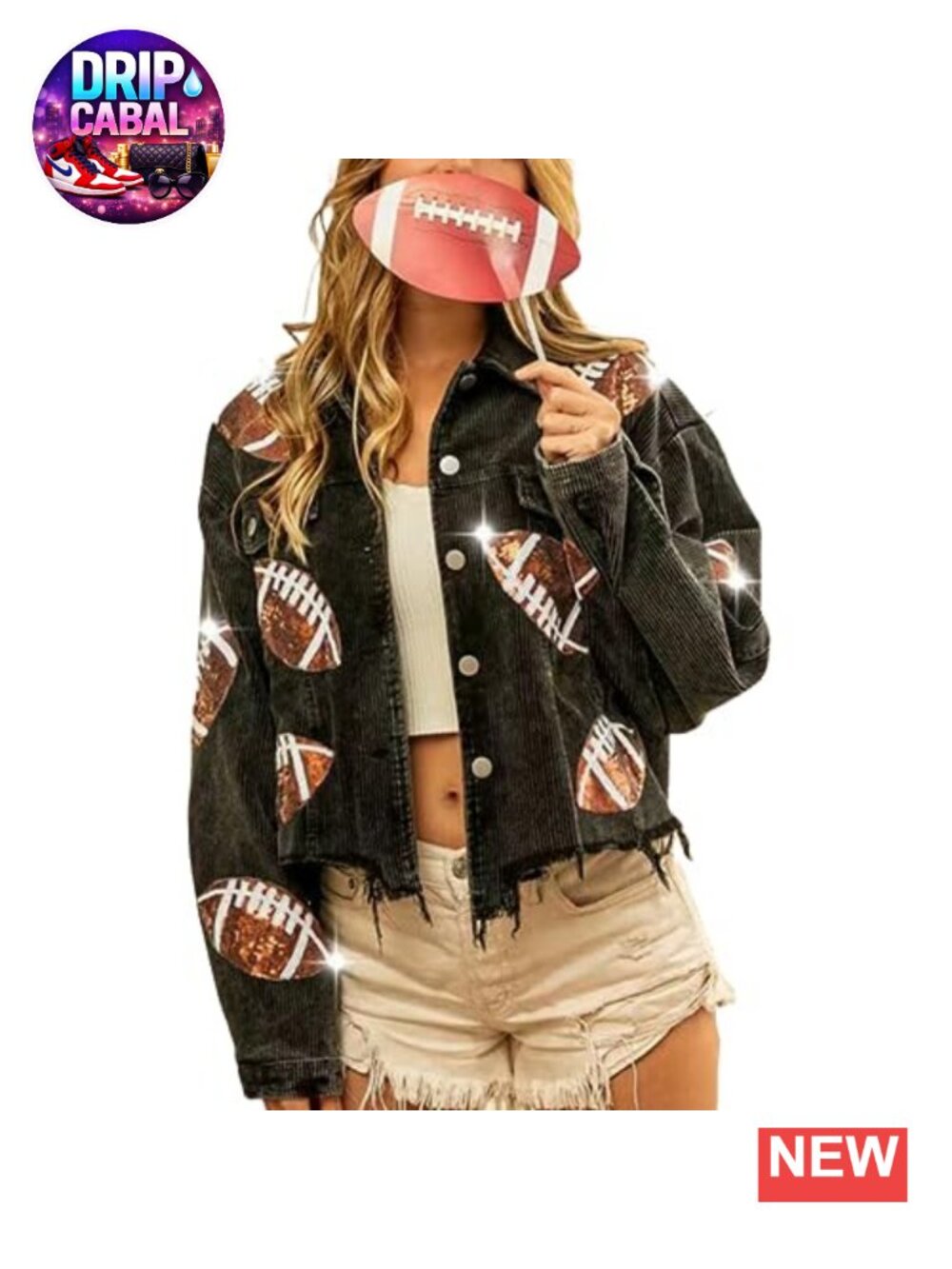 Cropped Football Corduroy Jacket Sequin Rugby Patched Shacket